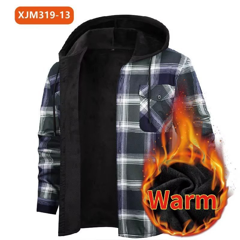 سميكة طويلة الأكمام منقوشة قميص الرجال مقنعين الفانيلا الدفء قميص الأمريكية الرجعية نمط ألياف البوليستر الشتاء قميص غير رسمي - الصورة 6